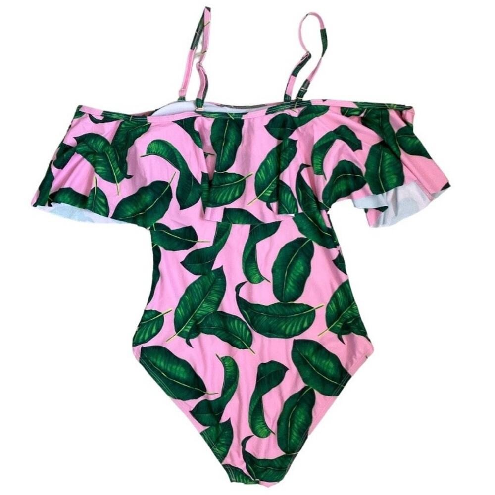 New Tempt Me Pink Green Tropical Leaf One Piece Swimsuit Medium